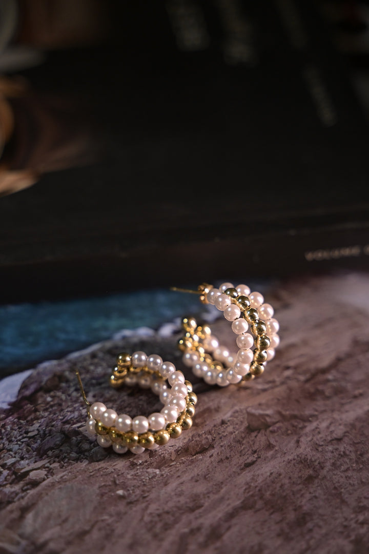 Double Pearl Golden Hoop Earring