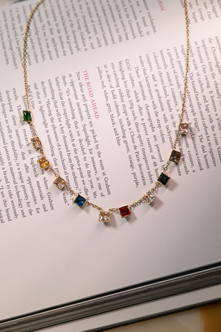 Multicolored Squares Charms Golden Chain Necklace