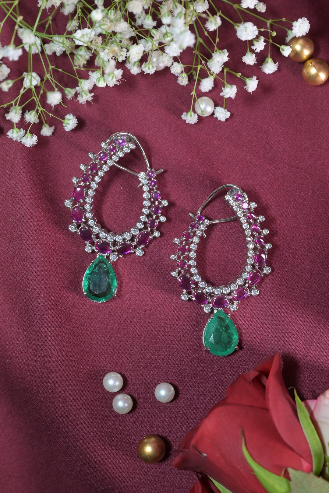 Zehna Leaf Shaped Emerald Drop Earrings