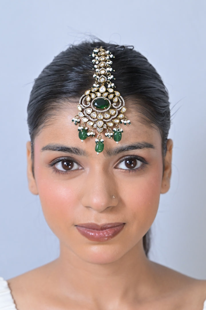 Noorika Polki Oxidized Emerald Drop Maangtika