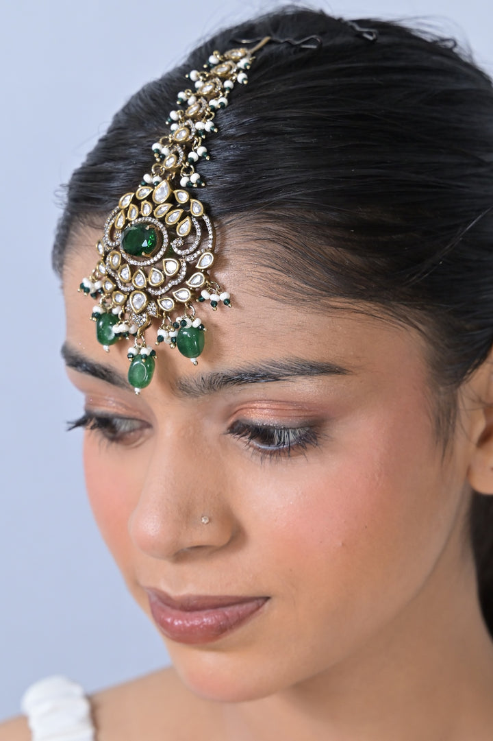 Noorika Polki Oxidized Emerald Drop Maangtika