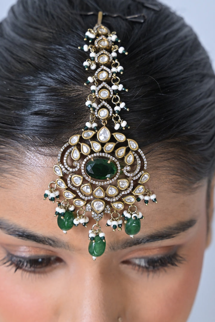 Noorika Polki Oxidized Emerald Drop Maangtika