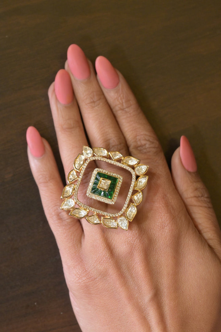 Durgamati Square Double-Finger Polki Bridal Ring
