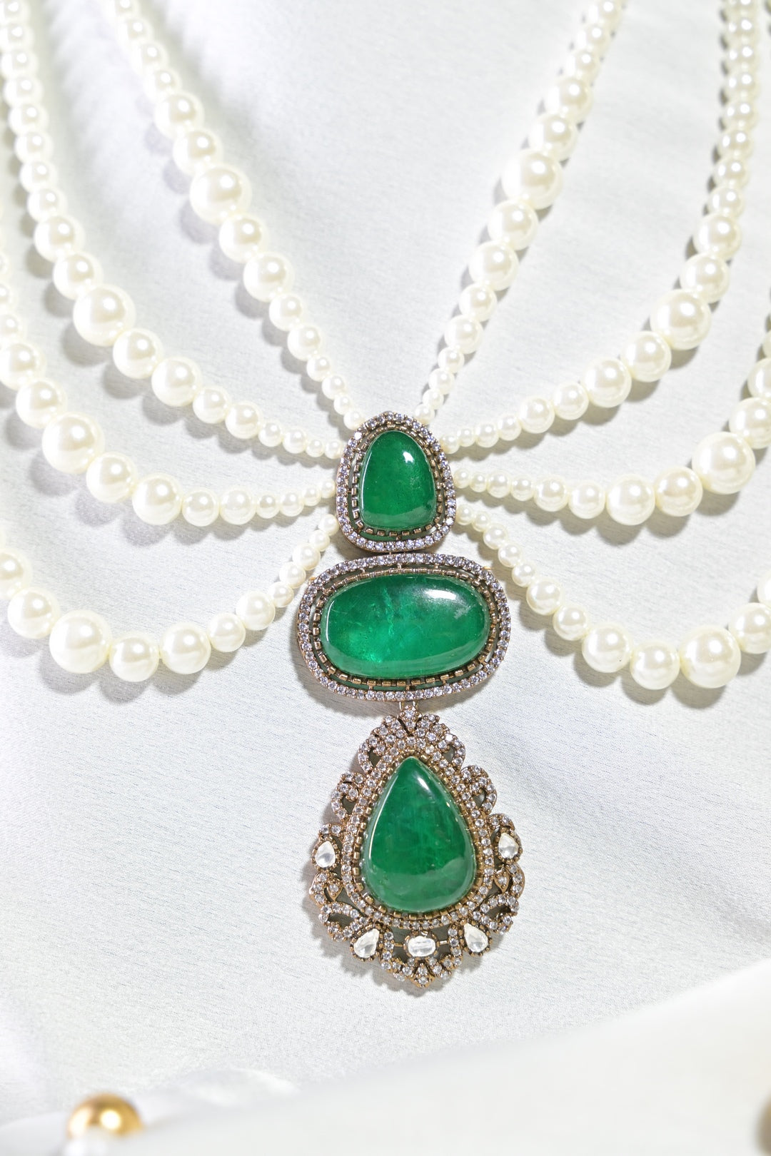 Maharani Javitri Emerald Pearl Premium Layered Long Necklace