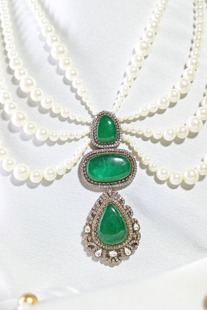 Maharani Javitri Emerald Pearl Premium Layered Long Necklace