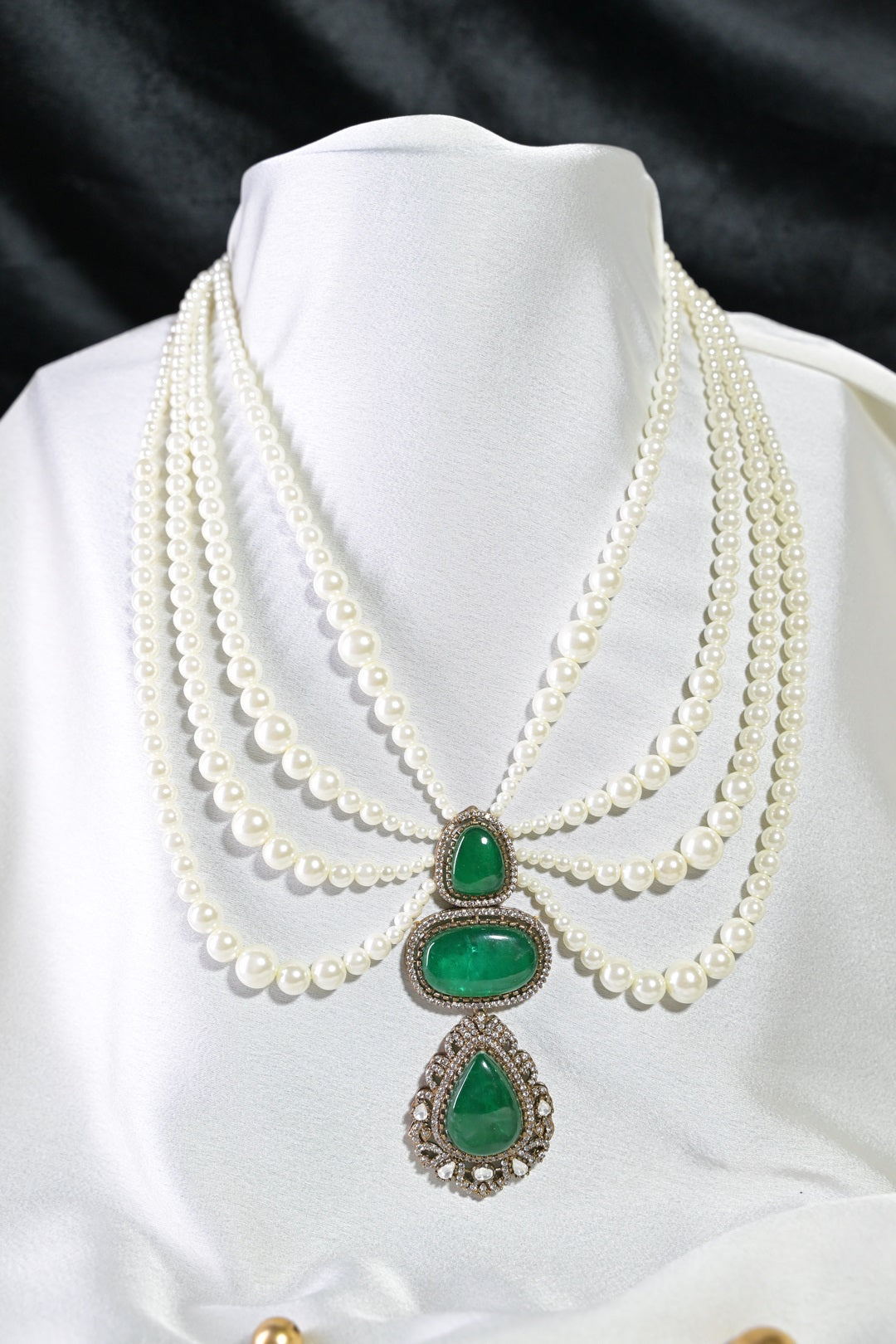 Maharani Javitri Emerald Pearl Premium Layered Long Necklace