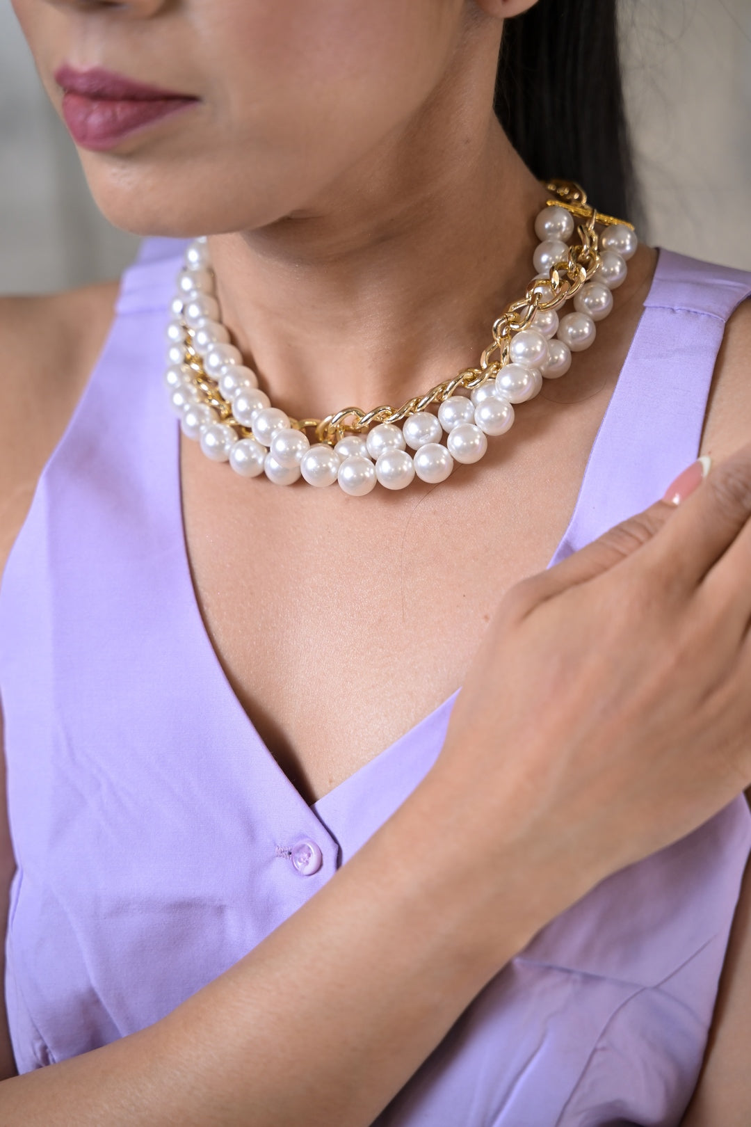 Pearl Golden Link Chain Choker Necklace
