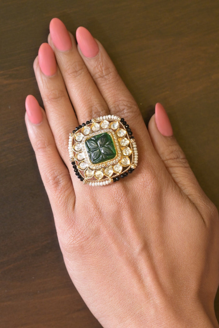Maharani Diksha Mehndi Square Pearl Polki Ring