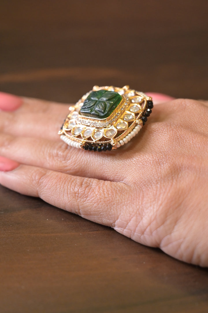 Maharani Diksha Mehndi Square Pearl Polki Ring