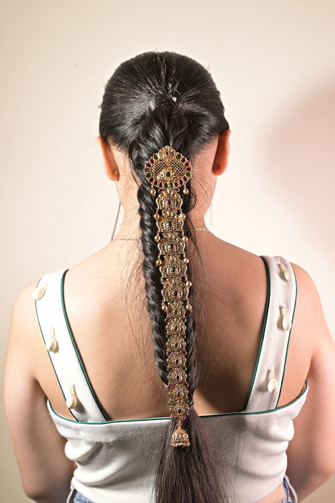 Vaidehi Temple Kundan Pearl Drop Pony Braid