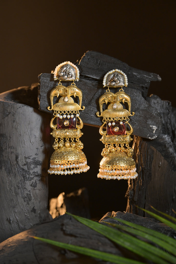 Eravat Elephant Motifs Golden Jhumka Earrings