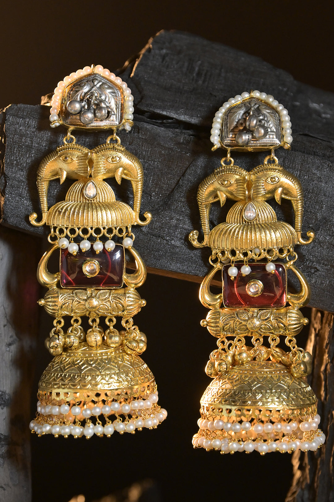 Eravat Elephant Motifs Golden Jhumka Earrings