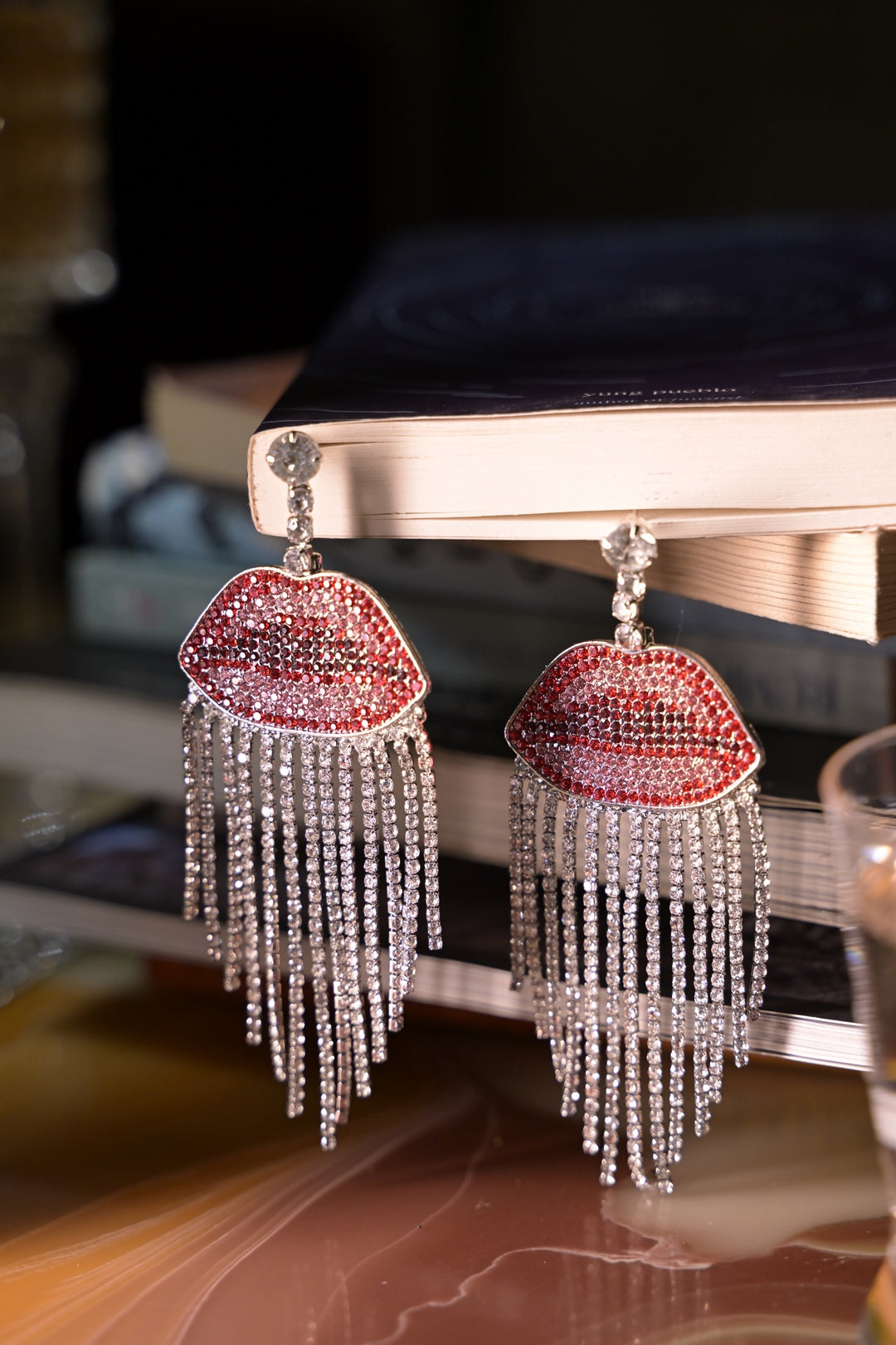 Diamond Lips Tassel Club Dangler Earrings