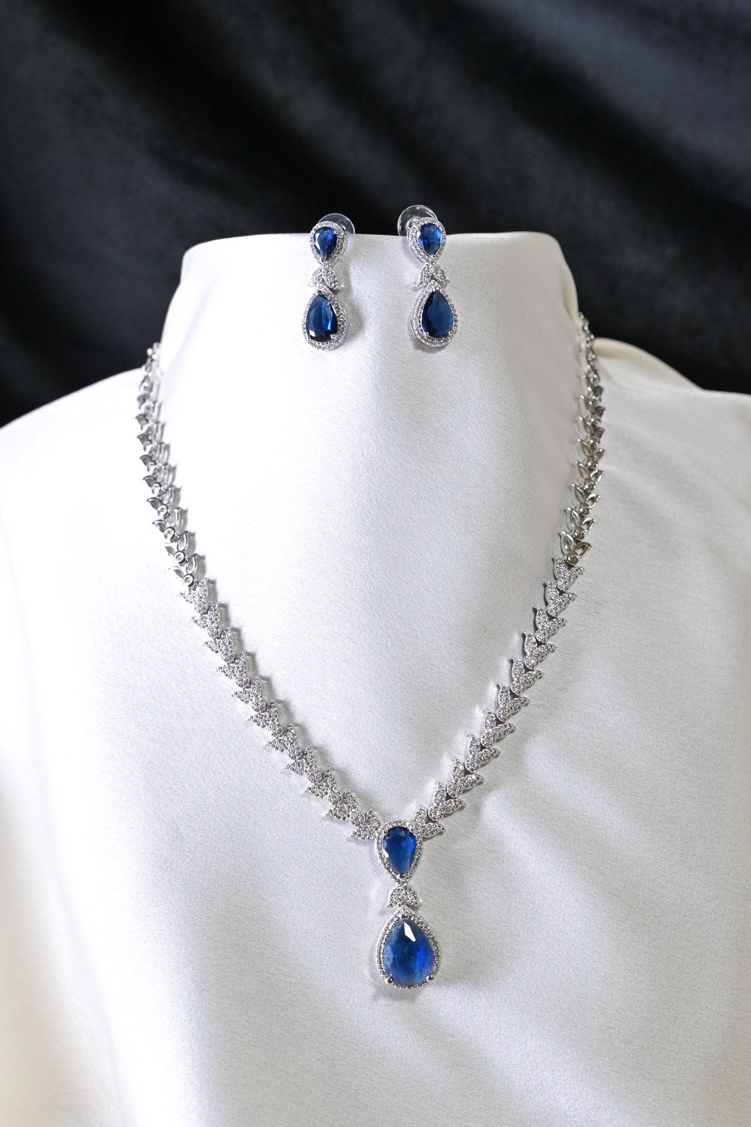 Aruni Blue Tear Shaped Pendant Diamond Cocktail Necklace
