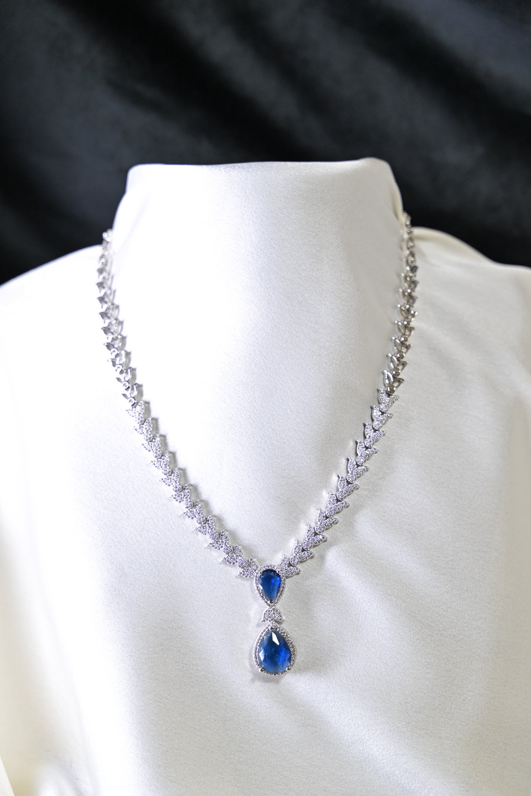 Aruni Blue Tear Shaped Pendant Diamond Cocktail Necklace