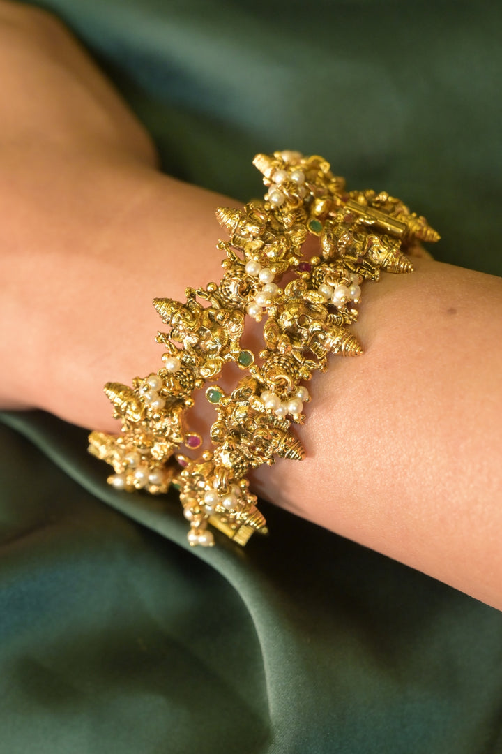 Siddhivinayak Pearl Drop Golden Temple Bangle