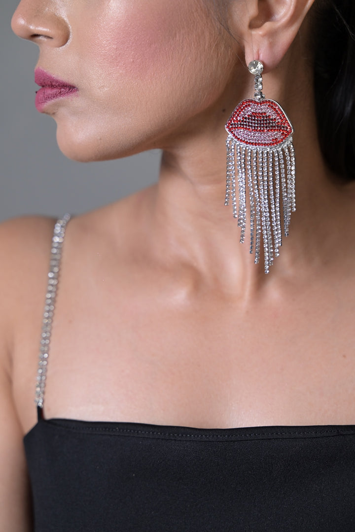 Diamond Lips Tassel Club Dangler Earrings
