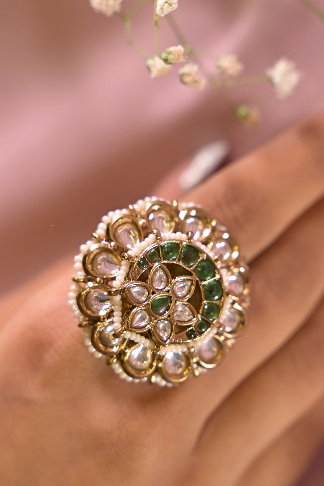 Meher Emerald Kundan Adjustable Ring