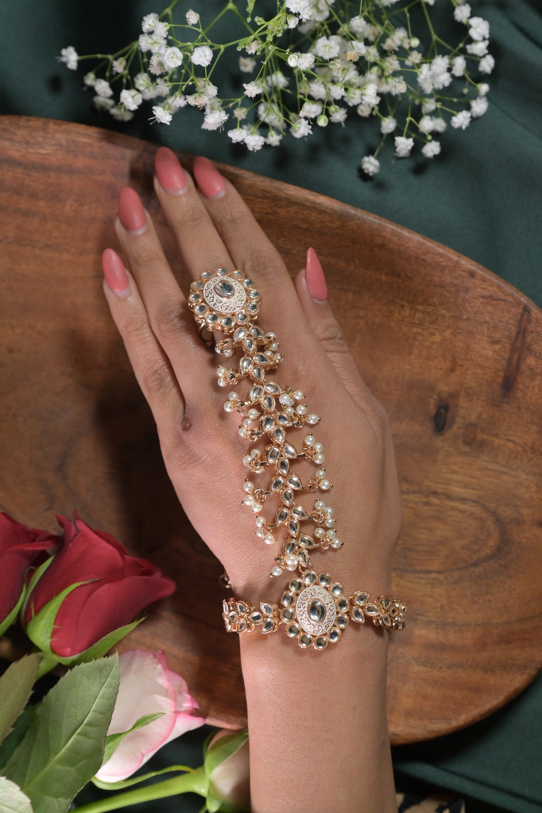 Gulab Oval Pearl Drop Kundan Hathfools