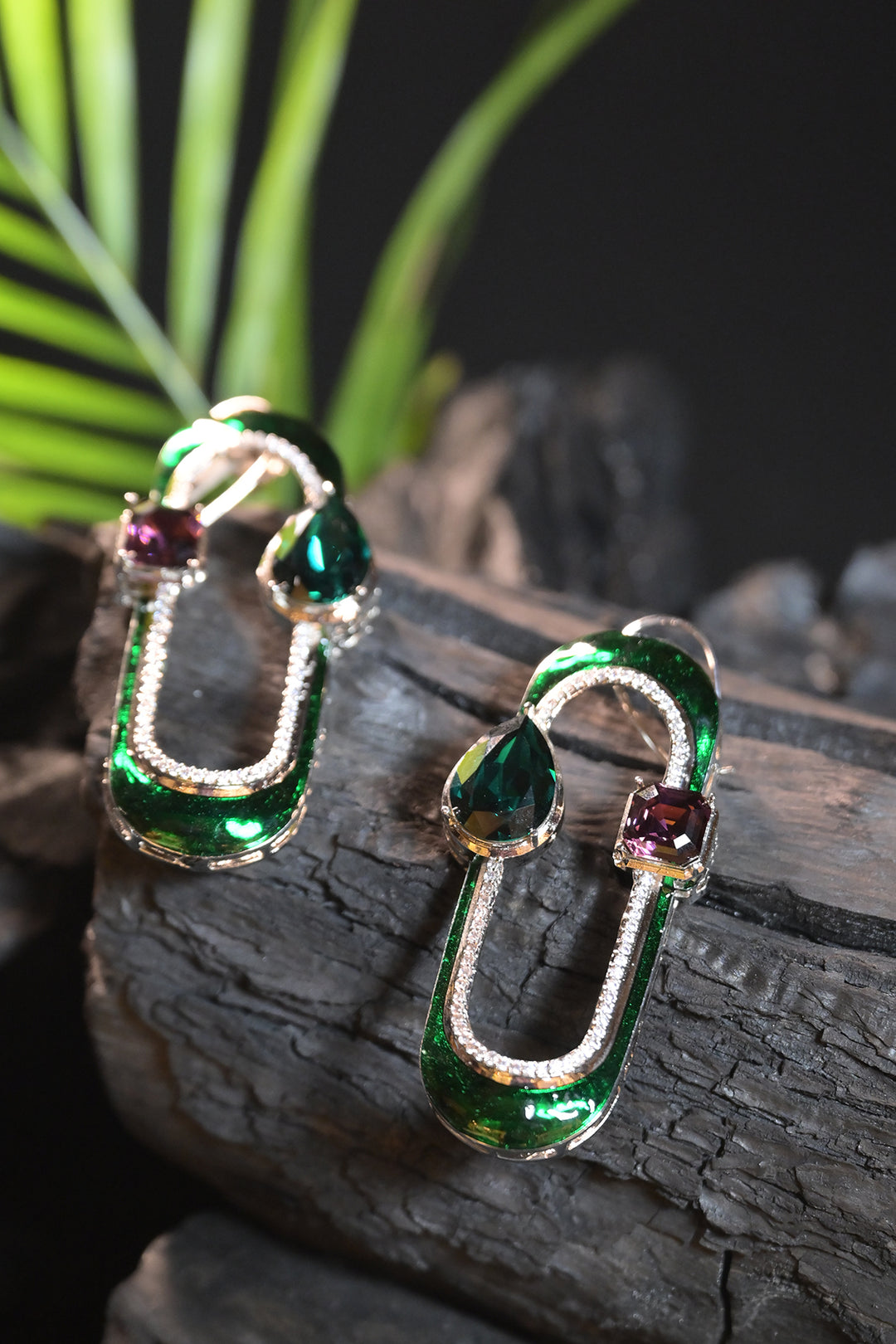Green Oval Long Hoops Earrings