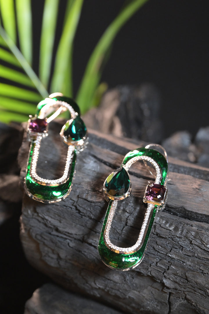 Green Oval Long Hoops Earrings