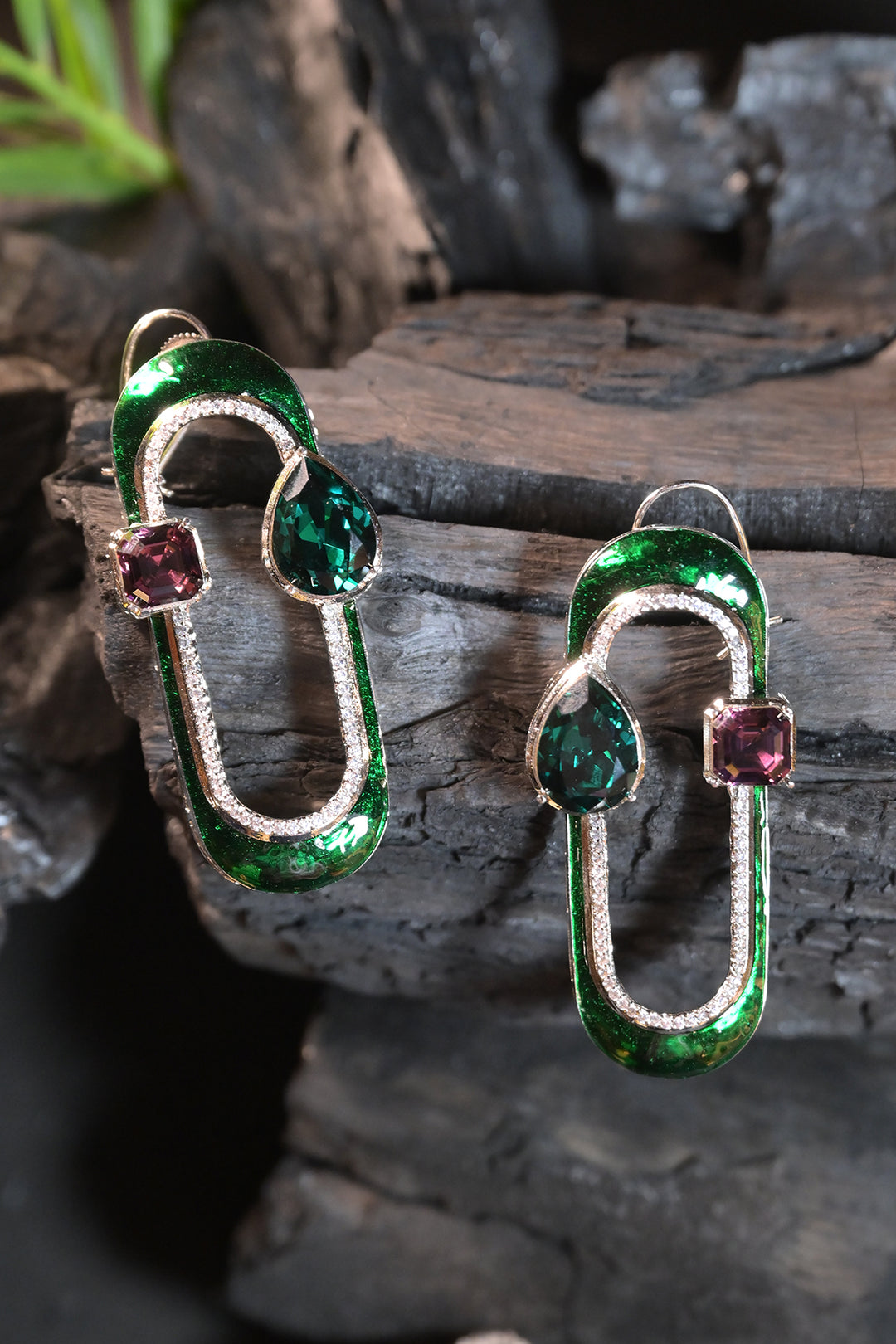 Green Oval Long Hoops Earrings