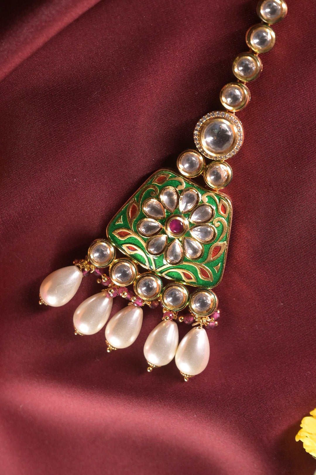 Tehrema Pearl Drop Emerald Meenakari Maangtikka