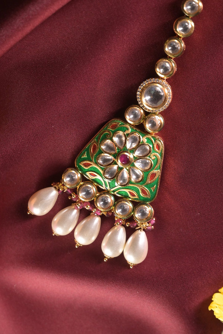 Tehrema Pearl Drop Emerald Meenakari Maangtikka