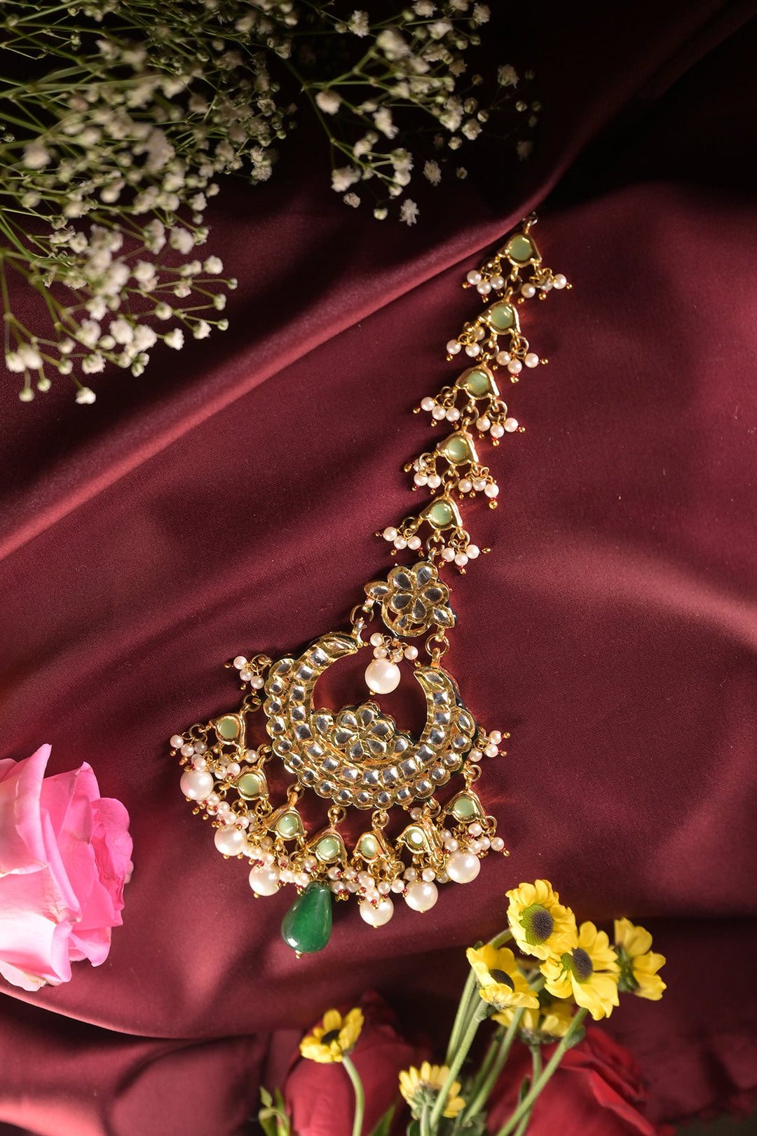 Chaandani Kundan Bridal Pearl Emerald Maangtika