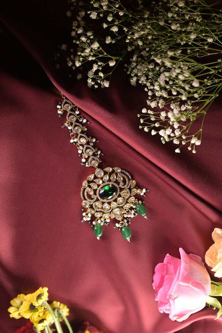 Noorika Polki Oxidized Emerald Drop Maangtika