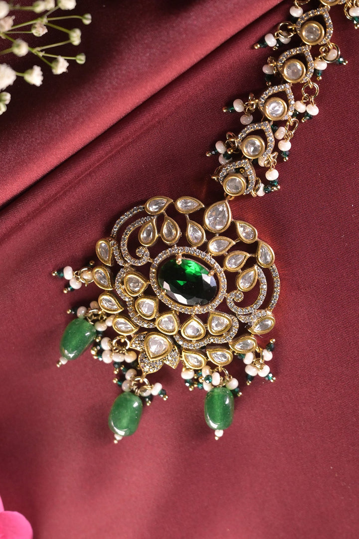 Noorika Polki Oxidized Emerald Drop Maangtika