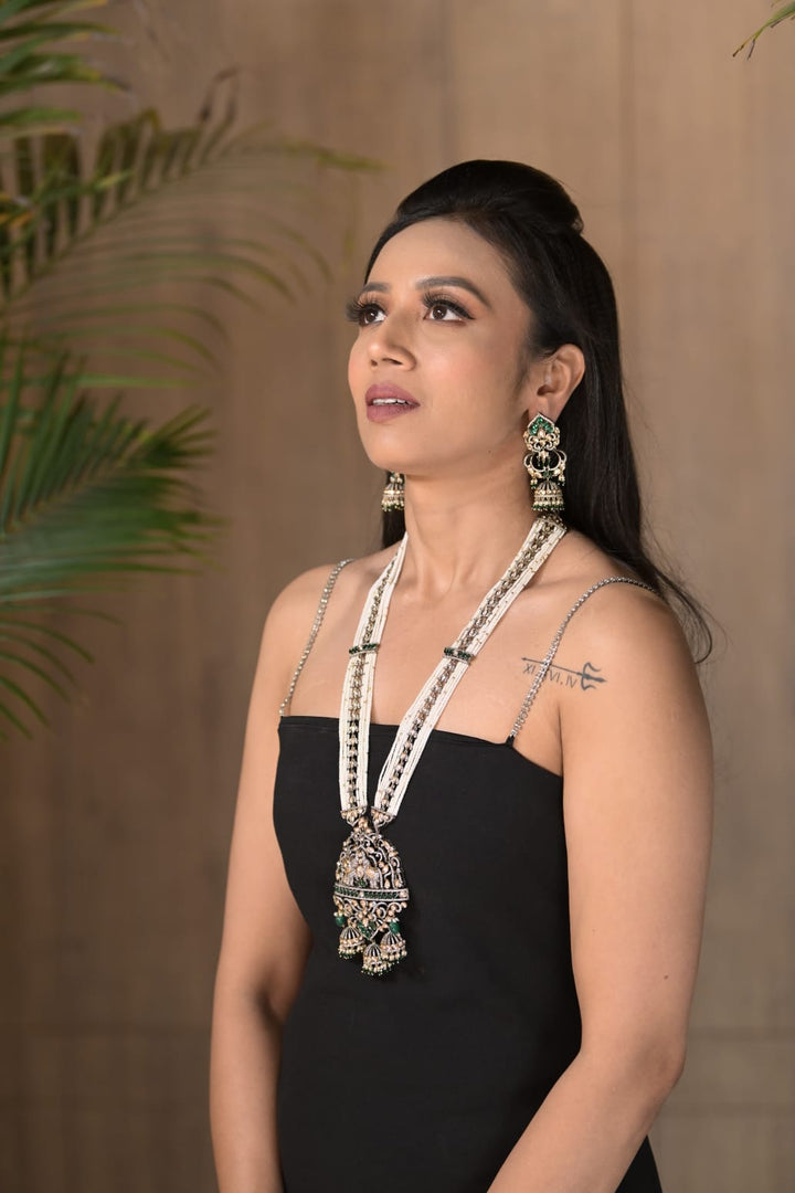 Adrika Pearl Oxidized Kundan Long Necklace