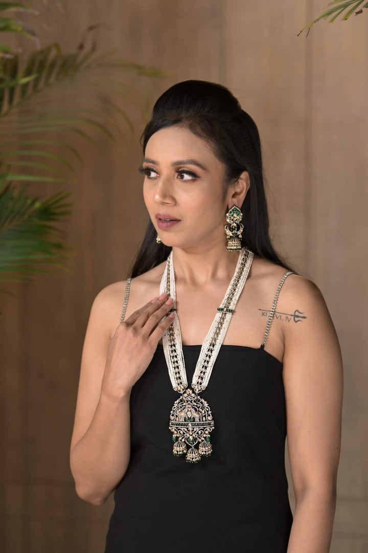 Adrika Pearl Oxidized Kundan Long Necklace