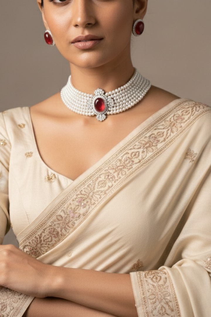 Bilvani Moroccon Lariat Gemstone Pearl Choker Necklace