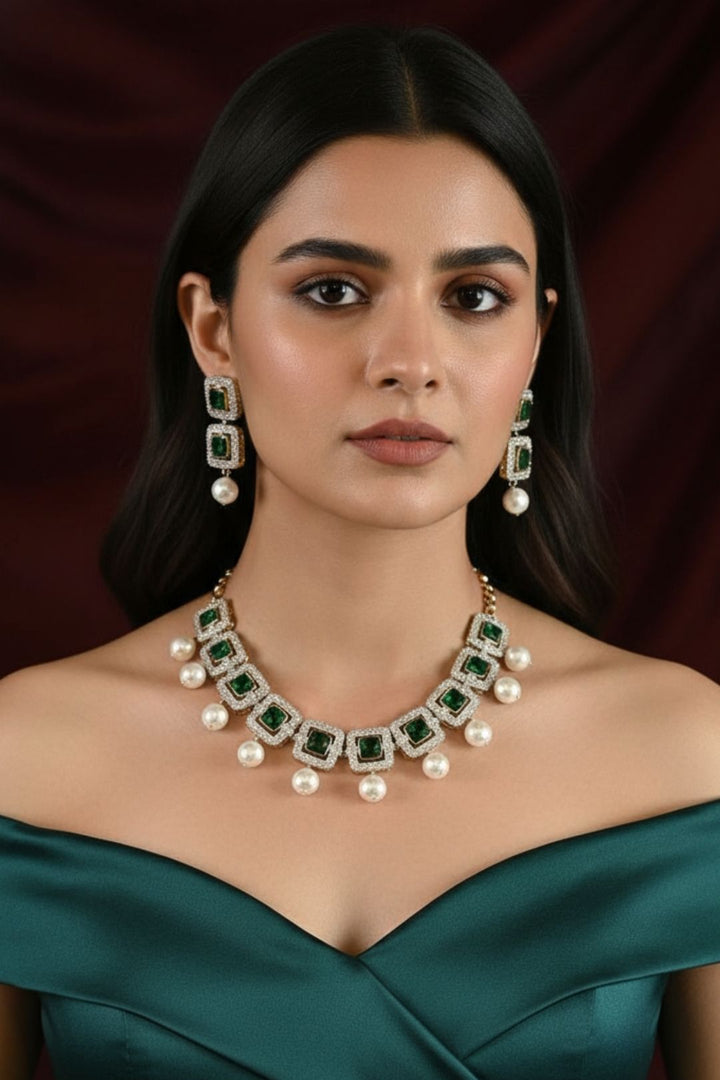 Vaidehi Emerald Diamond Pearl Choker Necklace