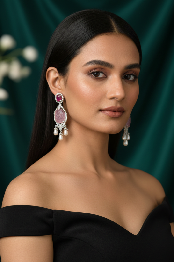 Riwaaz Ruby Diamond Pearl Drop Dangler Earrings