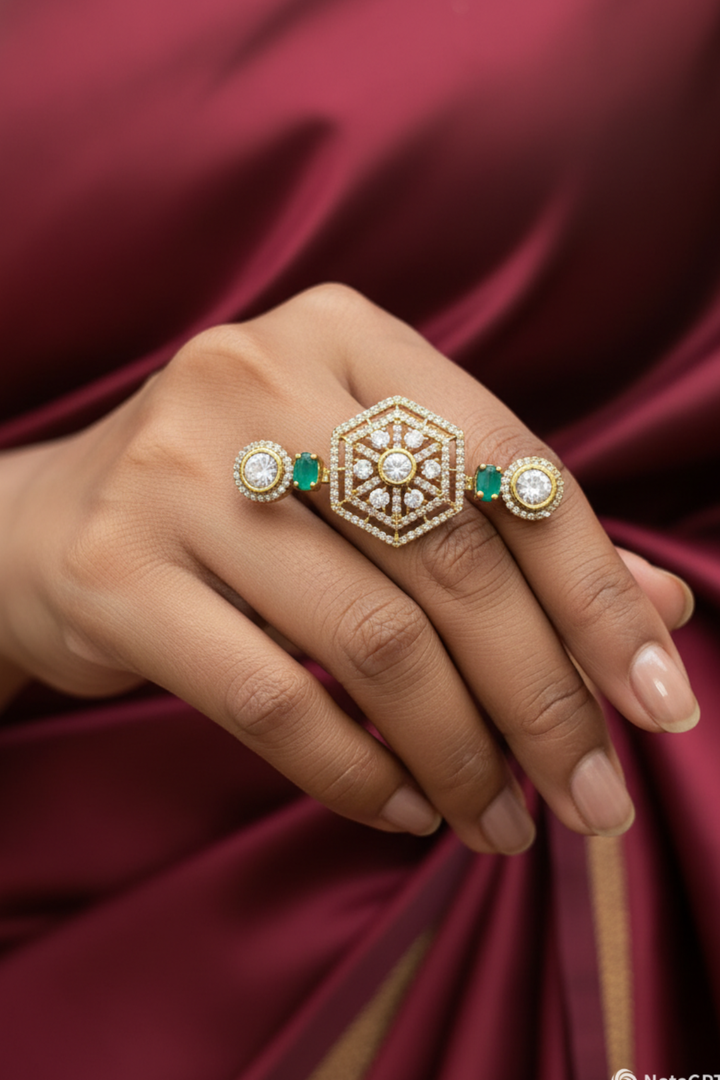 Trimurti Emerald Mehndi Polki Double Band Ring