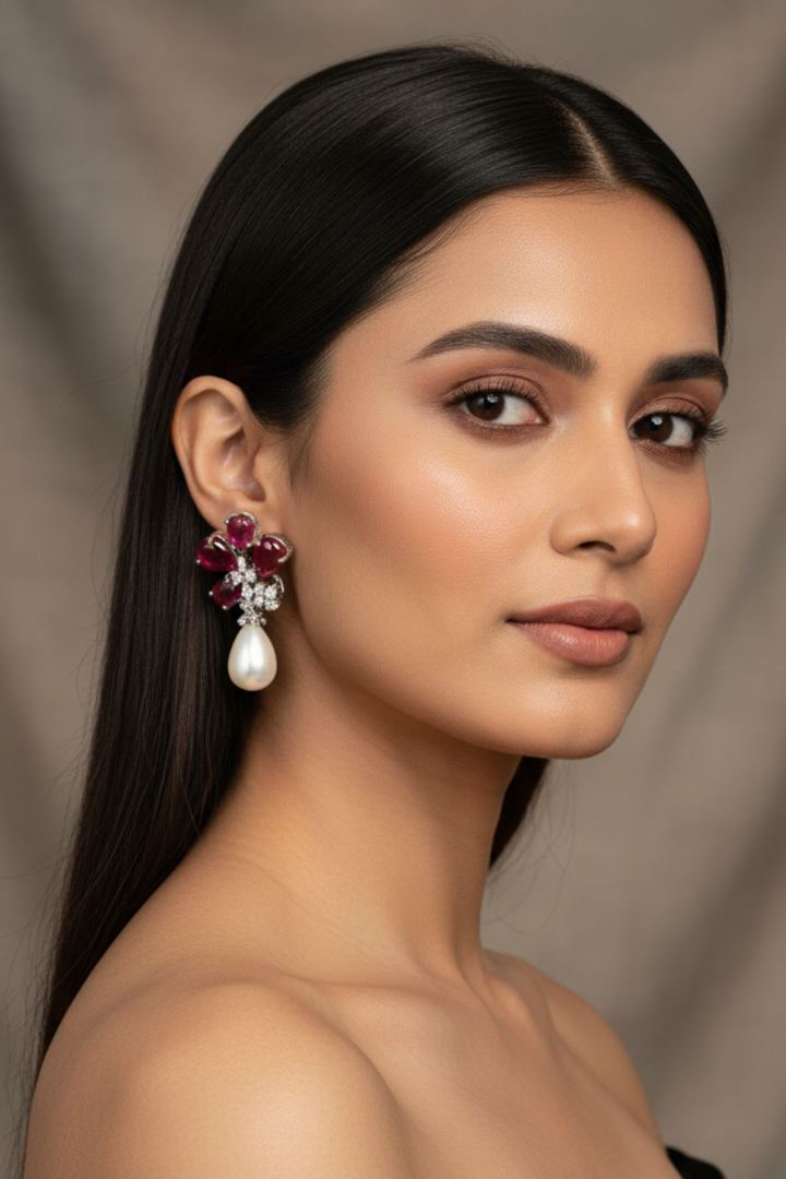 Arnavi Flower Gemstone Stud Drop Earrings