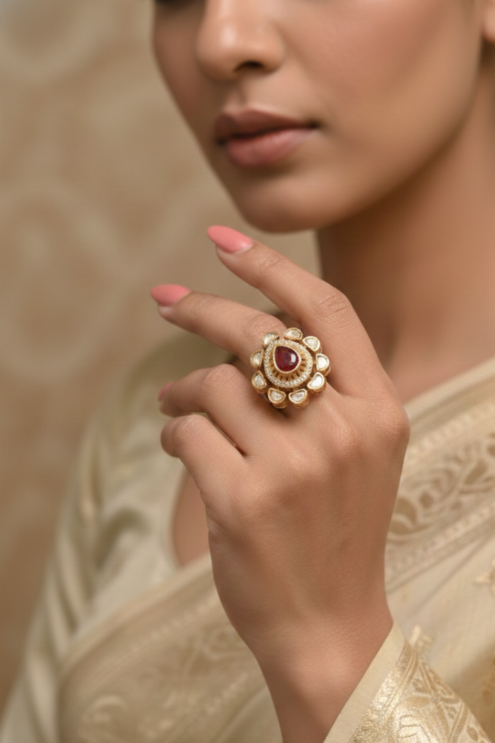 Shivaya Kundan Pear Polki Ring