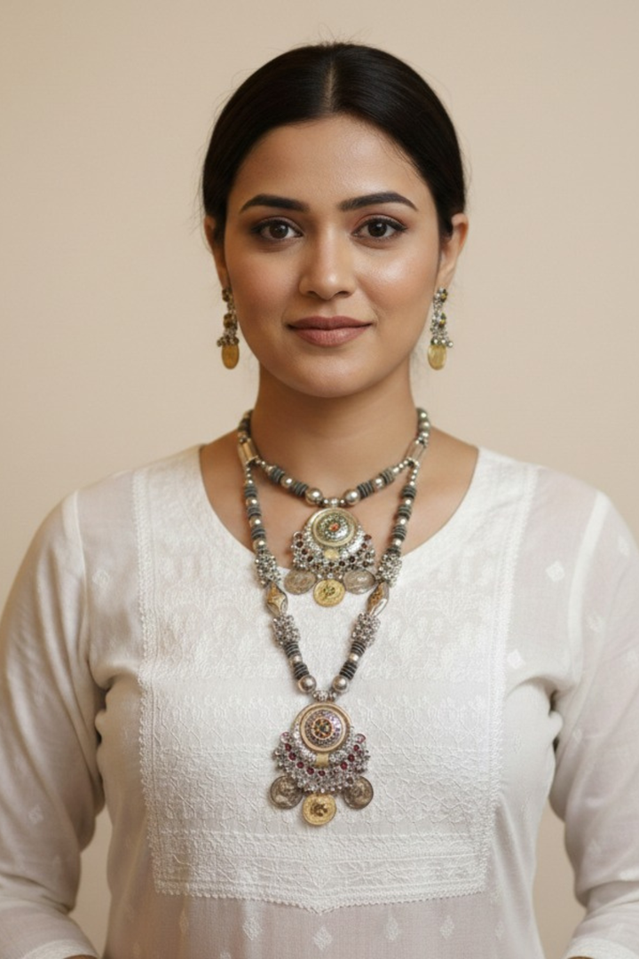 Ambe Shakti Gujarati Silver Coins Necklace