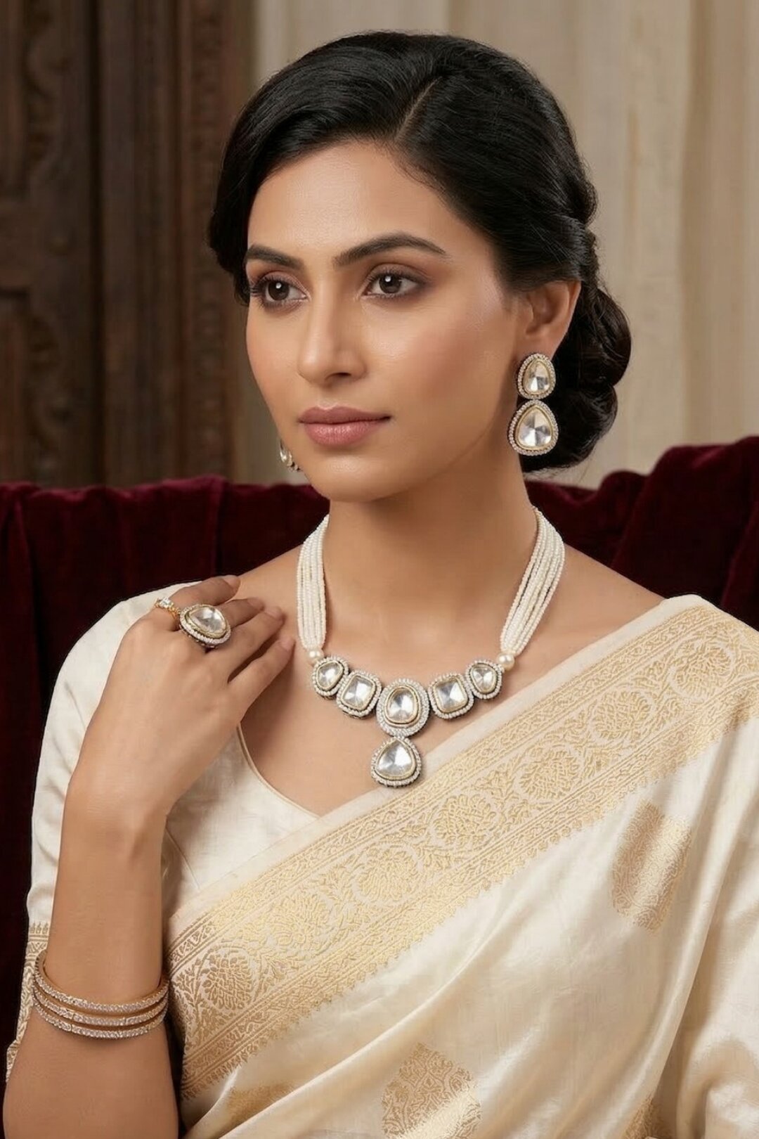 Srimati Polki Pearl String Chokar Necklace
