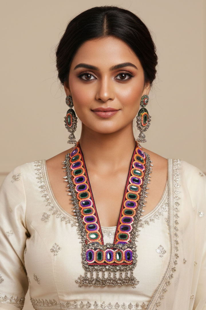 Navrang Rectangle Gujarati Silver Necklace