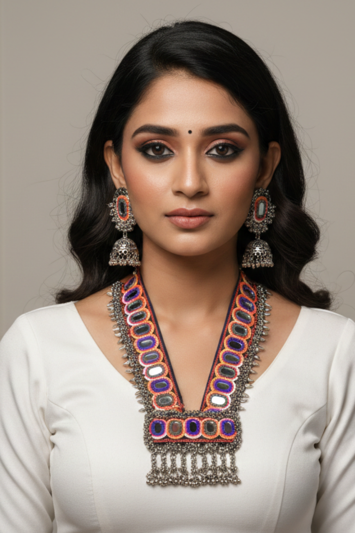 Navrang Rectangle Gujarati Silver Necklace