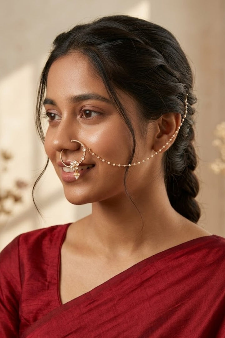 Indrani Bridal Gold Pearl Flower Kundan Nosering