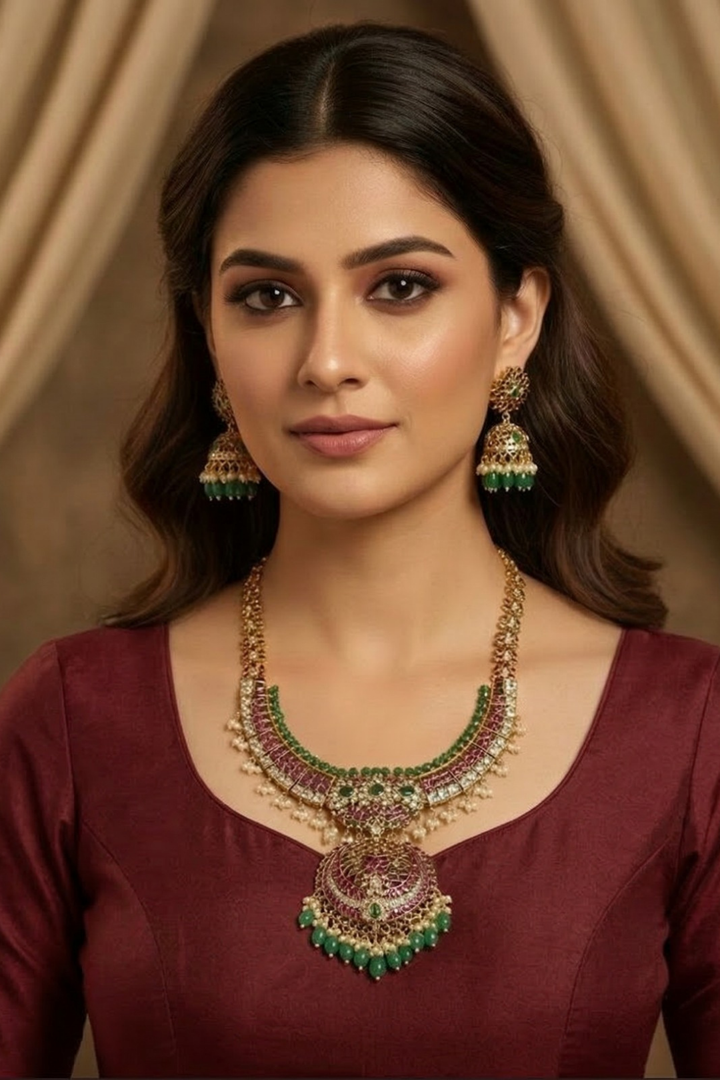 Radha Rani Ruby Green Temple Bridal Necklace