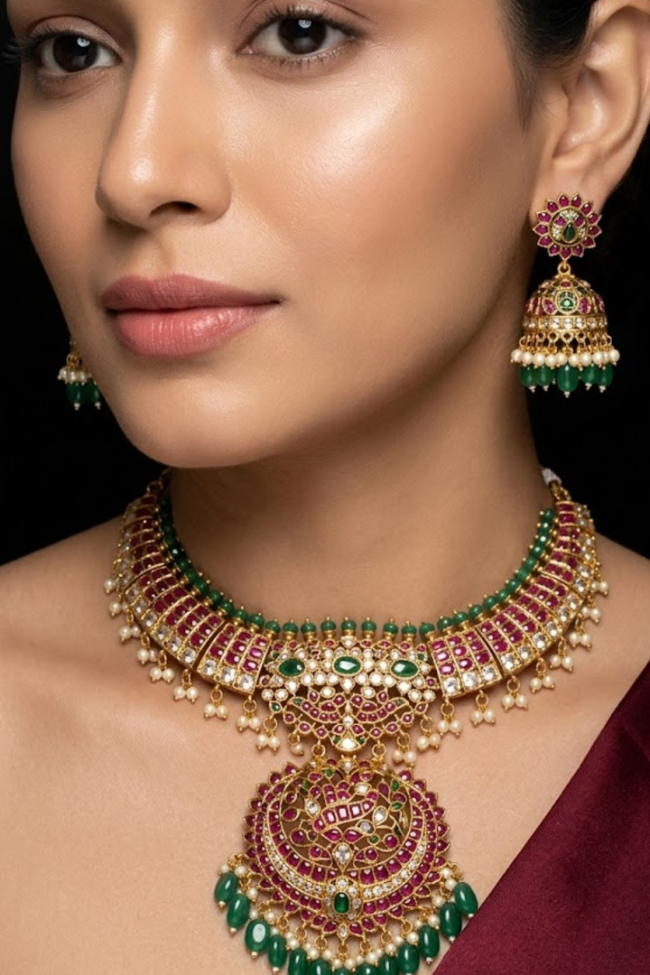 Radha Rani Ruby Green Temple Bridal Necklace