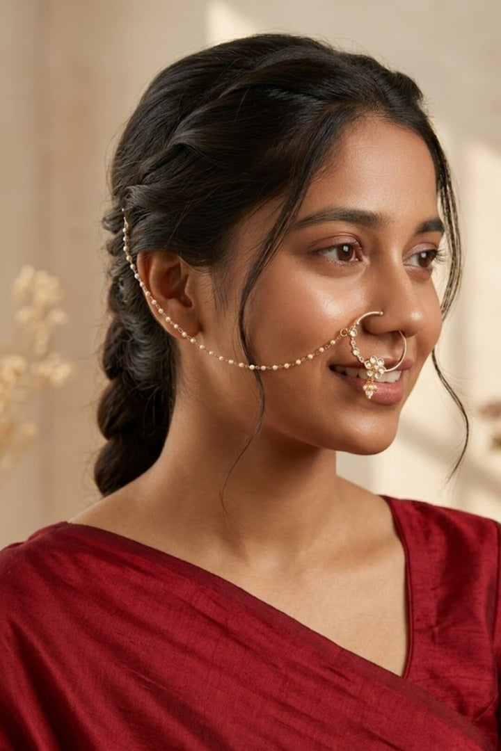 Indrani Bridal Gold Pearl Flower Kundan Nosering