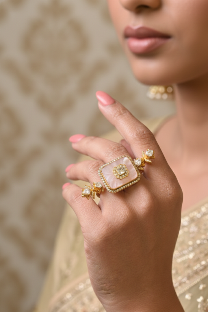 Rajjo Polki Three Finger Band Gold Ring