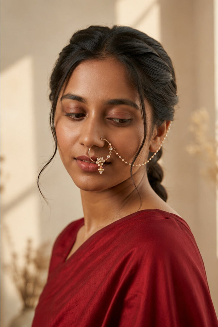 Indrani Bridal Gold Pearl Flower Kundan Nosering