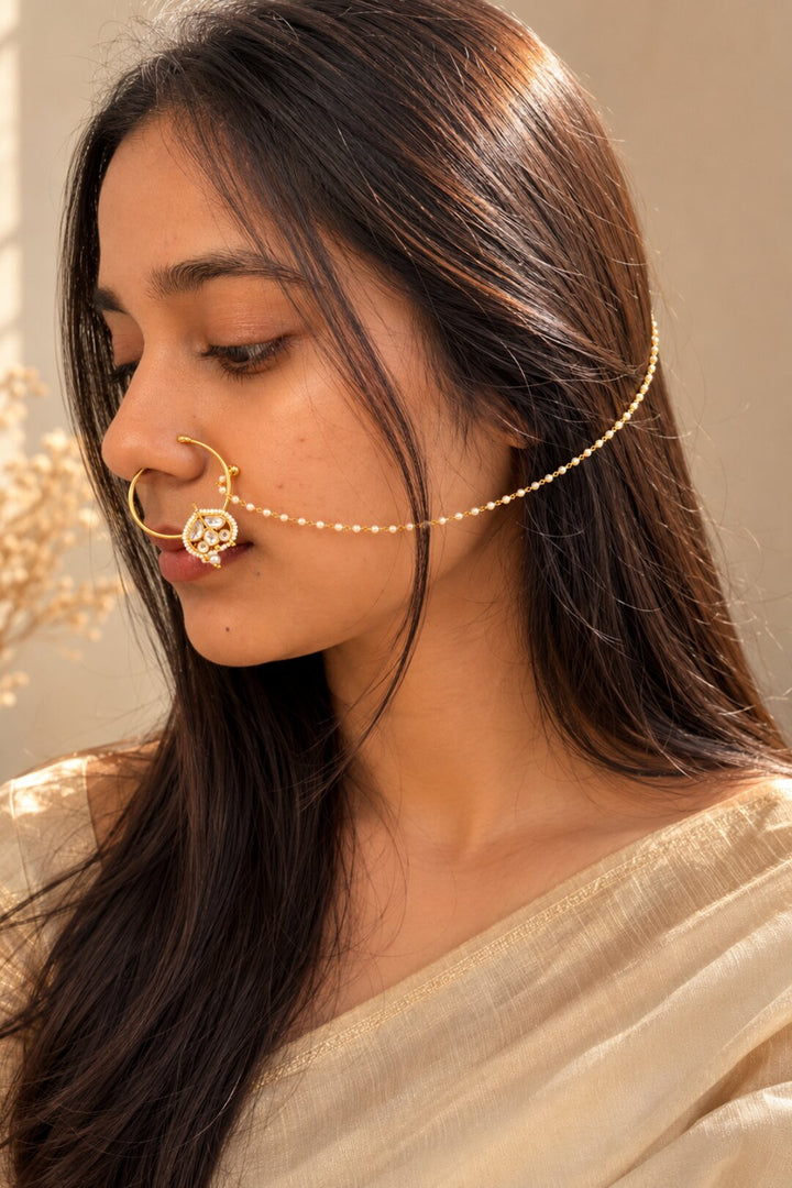 Reshma Bridal Gold Pearl Leaf Kundan Nosering